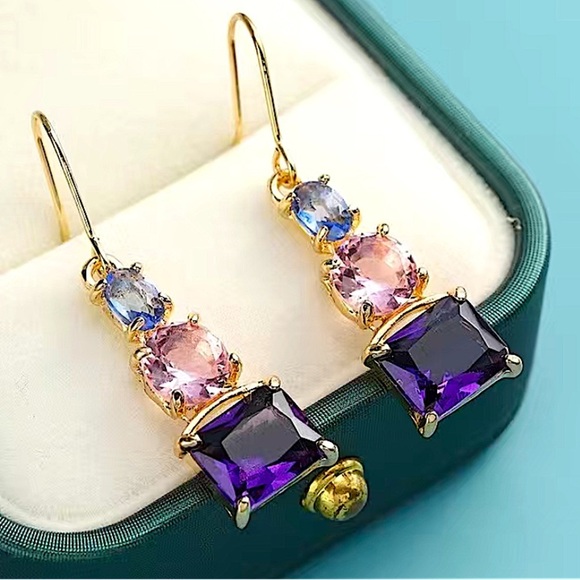 Gold Plated Amethyst Pink Zircon Blue Topaz Dangle Color Block Earrings - Picture 2 of 5